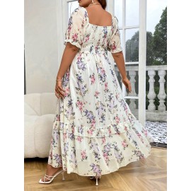 [Floral Print Dress] Plus Size Elegant Floral Print Midi Dress with Puff Sleeves and Ruched Waist - White with Pink and Purple Flowers, Perfect for Casual Outings