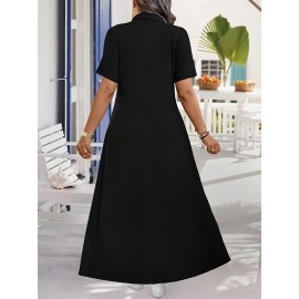 Elegant Plus Size French-Inspired Summer Dress • Waist-Cinching • Short Sleeves • Zipper Detail • Solid Color • Pockets • Flowy Skirt