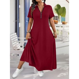Elegant Plus Size French-Inspired Summer Dress • Waist-Cinching • Short Sleeves • Zipper Detail • Solid Color • Pockets • Flowy Skirt