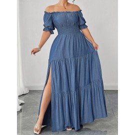 [Plus Size Elegant Party Dress] Elegant Plus Size Women's Off-the-Shoulder/One-Shoulder Party Dress | Formal/Evening Gown, Machine Washable Non-See-Through Fabric, Flared Hem Maxi Dress for Formal Events, Galas, Everyday Evening Outfits YZ302