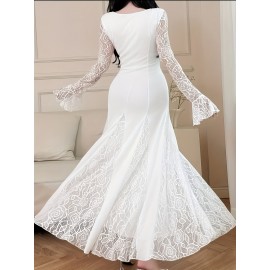 [Elegant Plus Size Dress] Elegant Plus Size Lace-Trimmed Long Sleeve Dress | White Bodycon with Floral Pattern, High Neck, Flowing Skirt, Stretchy Fabric - Perfect for Weddings & Formal Events