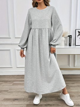 Plus Size - Women'S Casual Long Sleeve Dress - Light Gray, Loose Fit, Round Neck, Mid-Length, All-Season Comfort, Perfect for Weekend Outings, Casual Outing Attire | Relaxed Fit Dress | Comfortable Footwear