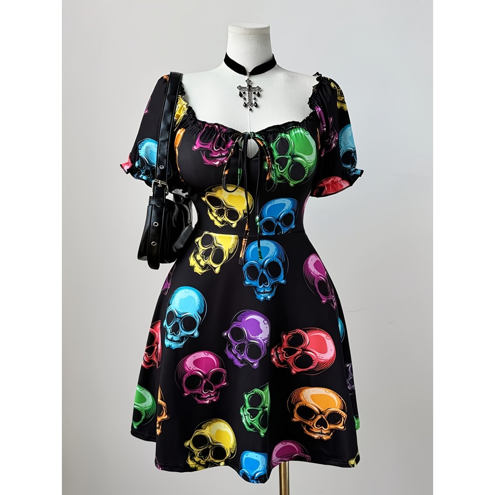 Plus Size - Plus Size, Women'S Plus Size Halloween Party Dress - Gothic Skull Print in Black, Blue, Green, Pink, Orange, Purple - Flared Hem Formal & Costume Party Outfit - Elegant Halloween Party Attire for Women, Festive Wear, Round Neckline