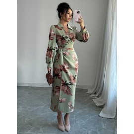 Plus Size, Women's Floral Print maxi Dress - Elegant V-Neck Long Formal & Casual Dresses, Non-Stretchy Fabric, Machine Washable for Wedding, Party, Everyday Outfits - Plus Size Friendly, Cute Dresses