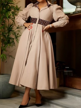 [Plus Size Elegant Maxi Dress] Elegant Plus Size Women's Beige Formal & Everyday Maxi Dress - Long Sleeve Flowy A-Line Skirt for Office, Parties, Casual Outfits | HRF194 | Quality Fabric, Professional Women