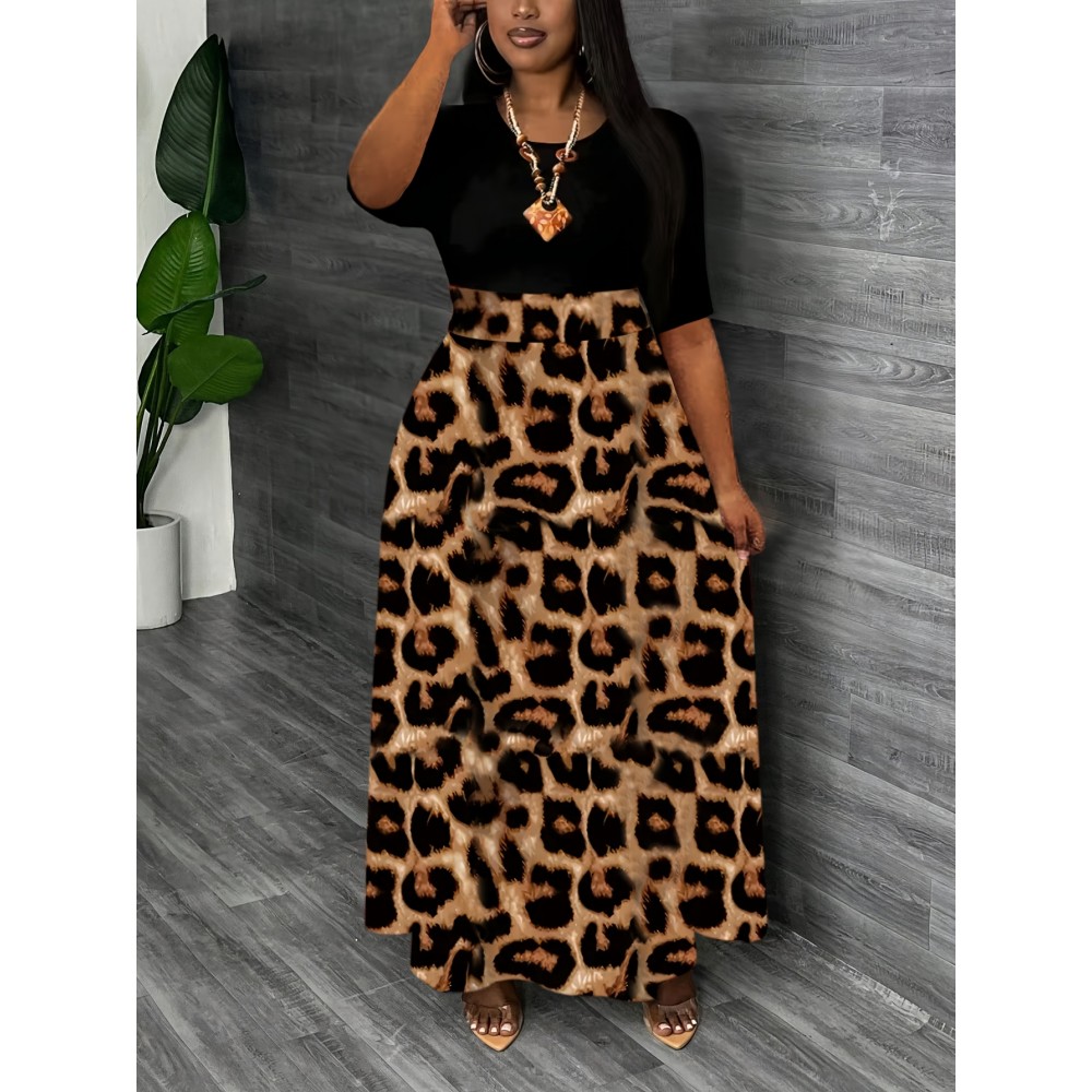 Elegant Leopard Print Maxi Dress - Color Block Design, Crew Neck, Short Sleeve, Stretchy Fabric, All-Season Wear for Women, Stylish Long Dres