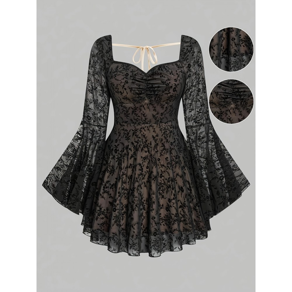 Plus Size - Elegant Plus Size Women'S Faux Fur Mesh Bell Sleeve Dress - Square Neck, Long Sleeve, Black with Golden Accents, All-Season Midi Dress for Formal Occasions, Formal Dresses Elegant, Fitted Silhouette