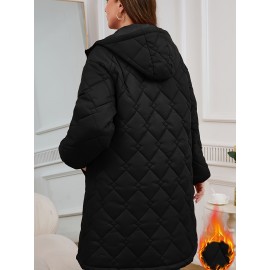 Women's Elegant Quilted Hooded Jacket with Zipper Closure - Large Square Pattern, Machine Washable, All-Season Versatile Outerwear for Casual & Formal Wear, Formal Coat, Easy Maintenance Coat