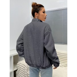 Plus Size, Plus Size Women's Elegant Casual Double-Faced Fleece-Lined Jacket with Ribbed Cuffs & High Neck, 100% Polyester Machine-Washable All-Season Outerwear, Black