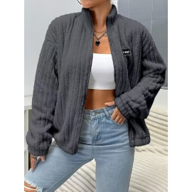 Plus Size, Plus Size Women's Elegant Casual Double-Faced Fleece-Lined Jacket with Ribbed Cuffs & High Neck, 100% Polyester Machine-Washable All-Season Outerwear, Black