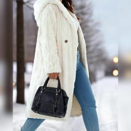 Plus Size - Women'S Plush Fleece-Lined Hooded Coat - Cozy Double-Breasted Mid-Length Winter Coat with Fluffy Lining, Elegant Solid Color Design for Fall/Winter, Warm & Stylish Outerwear, Winter Coats, Fall Fashion, Soft Texture