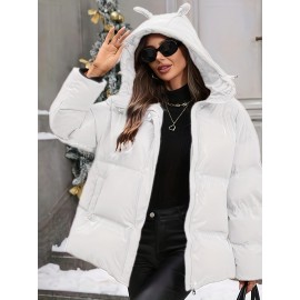 Plus Size - Plus Size Women'S Elegant Hooded Winter Coat - Warm Zip-Up Jacket with Long Sleeves, Solid Color Regular Fit for Cold Weather, Stylish Outdoor & Casual Wear, Winter Coats, Cold Weather Apparel, Sleek Design, Structured Design