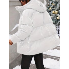Plus Size - Plus Size Women'S Elegant Hooded Winter Coat - Warm Zip-Up Jacket with Long Sleeves, Solid Color Regular Fit for Cold Weather, Stylish Outdoor & Casual Wear, Winter Coats, Cold Weather Apparel, Sleek Design, Structured Design