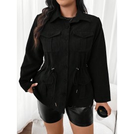 Plus Size, French Elegant Drawstring Waist Women's Plus Size Jacket with Turn- Collar Long Sleeve Pocket Casual Solid Color Blazer