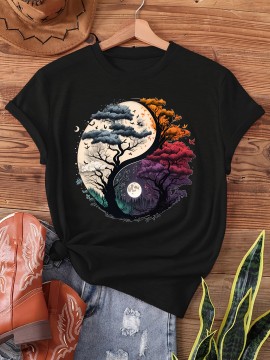[Season Versatile] Women's Yin Yang Tree of Life Graphic T-Shirt - Short Sleeve Crew Neck, Dark Gray with Colorful Night Sky Design, Casual Summer & Spring Top, Casual Wear Top|Tree Of Life Design|Smooth Texture Shirt