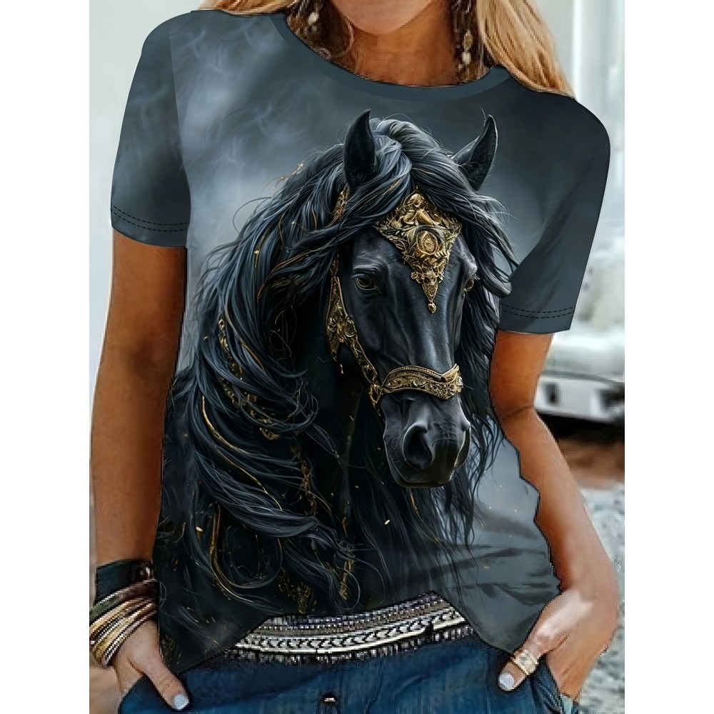 Women's Casual Elegant Horse Graphic T-Shirt - Short Sleeve Round Neck Summer Top with Majestic Black Horse & Golden Bridle Design, Machine Washable Regular Fit, Horse Shirt, Comfortable Pullover, Regal Aesthetic Apparel, Detailed Digital Print