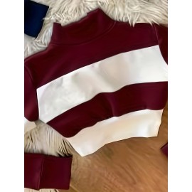 2pcs Set Color Block Spliced Short Sleeve Long T-Shirt Women's Crop Top High Neck Casual Chic New Style