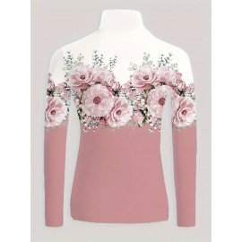 Women's Elegant Slim-Fit Long Sleeve Turtleneck Top with Floral Print - Soft Pink & White H-Line Silhouette Blouse, All-Season Machine Washable Shirt for Casual & Formal Wear