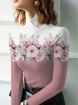 Women's Elegant Slim-Fit Long Sleeve Turtleneck Top with Floral Print - Soft Pink & White H-Line Silhouette Blouse, All-Season Machine Washable Shirt for Casual & Formal Wear