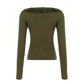 Women'S Vintage-Inspired Ruffle Trim Long Sleeve T-Shirt - Slim Fit, Black, Casual Style with Tie Waist Detail, All-Season Wear, Casual Wear Tee | Ruffle Detail Top | Glossy Texture