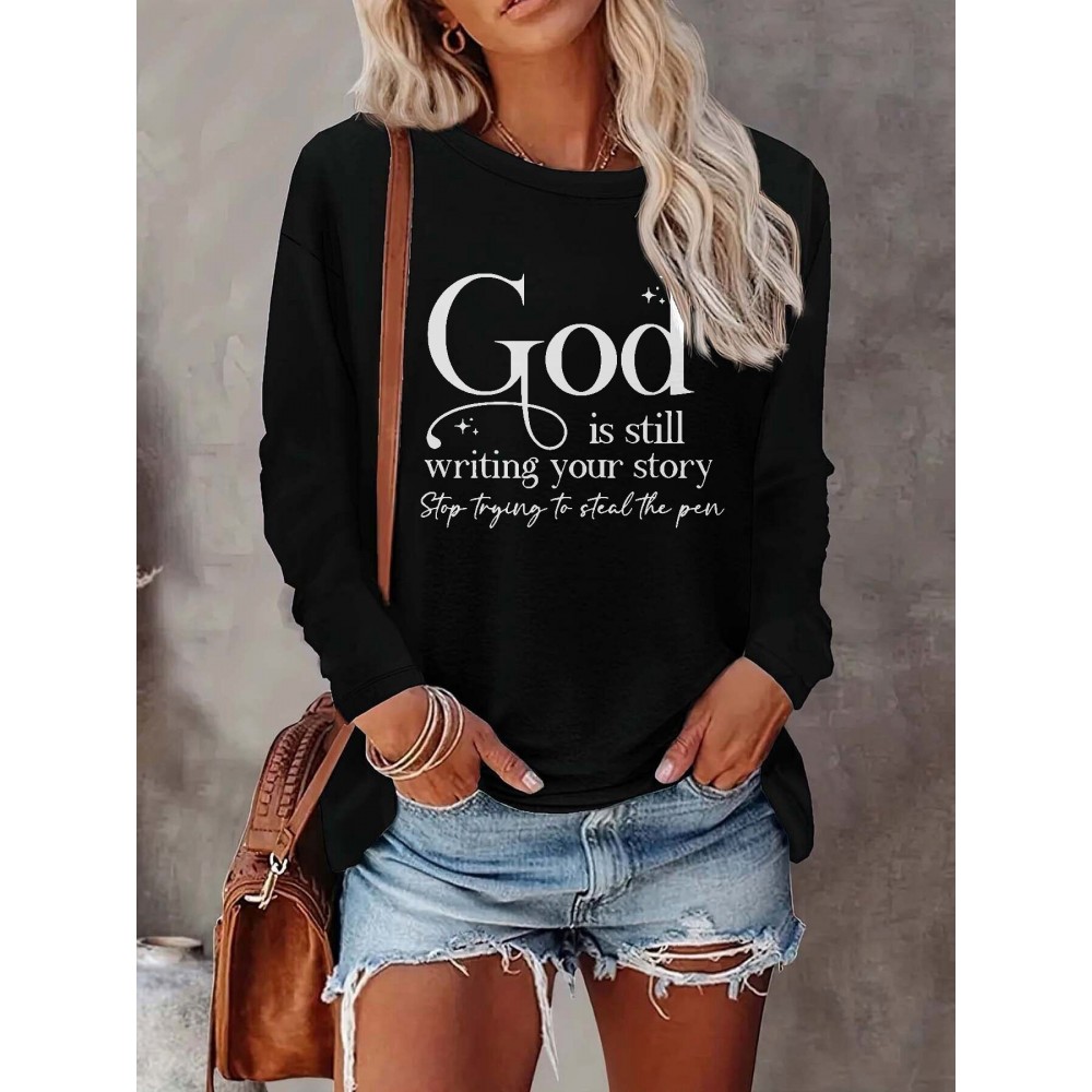 Women'S Casual Long Sleeve Crew Neck Top with Inspirational 