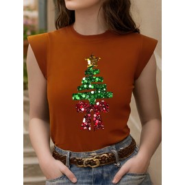 Holiday Cheer| Festive Yellow Christmas Tree Print T-Shirt for Women - Soft Stretch Fabric, Round Neck, Sleeveless Design with Glittery Star & Bow Detail, Machine Washable, Perfect for All Seasons, Christmas Garland