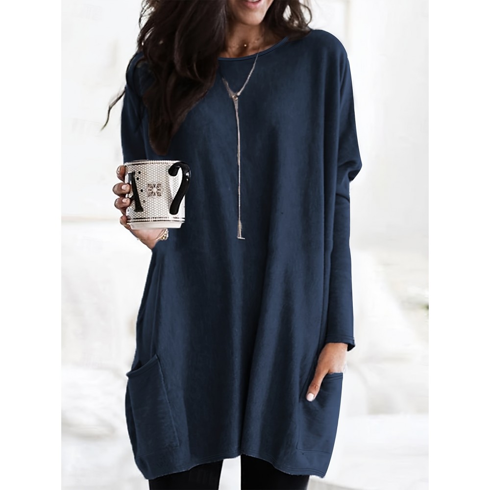 [Long Sleeve Tunic Top] Women's Long Sleeve Tunic Top - Relaxed Fit, Side Pockets, Easy-Care, Breathable Material, Versatile Shirt for Office, Errands, Outings, Casual Everyday Blouse, Minimalist Style, Simple Elegant Design, Comfortable Wear