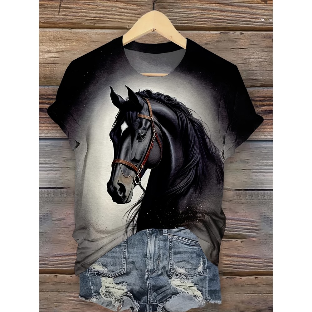 [95% Polyester T-Shirt] Polyester 95% Spandex 5% Women's Summer Casual Crew Neck T-Shirt | Animal Horse Print Short Sleeve Top, All Season Fashion, 175g/m² Lightweight - Perfect Gift for Mom