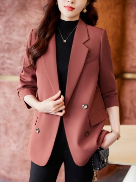 1pc Elegant Women'S Chic Blazer - Polyester Long Sleeve Solid Color Loose Fit Double Breasted Jacket with Button Details for Spring/Fall