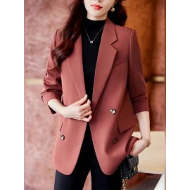 1pc Elegant Women'S Chic Blazer - Polyester Long Sleeve Solid Color Loose Fit Double Breasted Jacket with Button Details for Spring/Fall