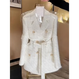 [Elegant Coat] Long Sleeve Elegant Belted Coat | Structured H-Silhouette Jacket with Golden-Tone Buttons & Fur-Lined Cuffs, Machine Washable Solid Color Outerwear for Spring/Fall
