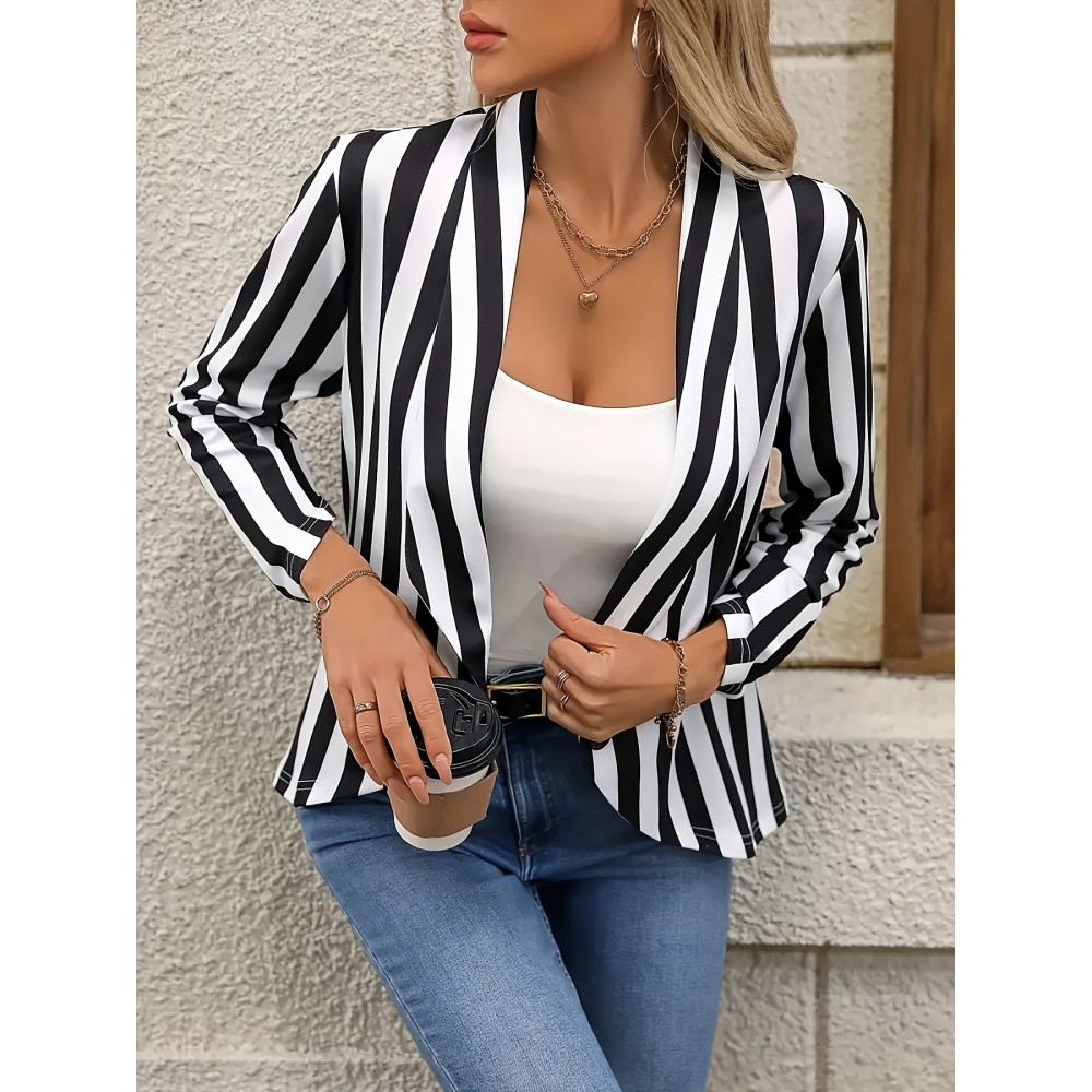 Women's Elegant Black & White Striped Blazer Jacket - High Elasticity Loose Fit Long Sleeve, Machine Washable Spring/Fall Casual & Office Wear, Work Attire, Stylish Outerwear, Durable Construction, Versatile Outerwear, Fashion Lovers