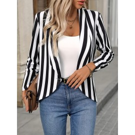 Women's Elegant Black & White Striped Blazer Jacket - High Elasticity Loose Fit Long Sleeve, Machine Washable Spring/Fall Casual & Office Wear, Work Attire, Stylish Outerwear, Durable Construction, Versatile Outerwear, Fashion Lovers
