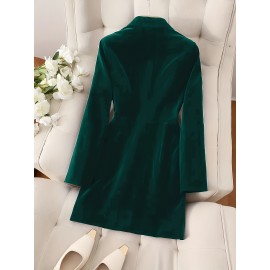 [Double-Breasted Blazer] Green Velvet Double-Breasted Women's Mid-Length Blazer | Polyester Blend, Long Sleeve, Button Detail, H-Line Silhouette, Notch Lapel, Perfect for Spring/Fall