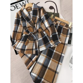 Women'S Stylish Autumn/Winter New High-End Fleece Slim Fit Tie-Up Blazer and Long Pants Suit, 2pcs Set for Office Commuting Versatile Wear, Casual Attire|Sleek Formal Attire|Sleek Design