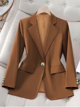 [Lightweight Polyester Blazer] Polyester Women's Lightweight Long Sleeve Blazer | Elegant Solid Color Office Jacket with Decorative Buttons, Notched Lapel, and Chest Pockets, Perfect for Casual or Professional Wear