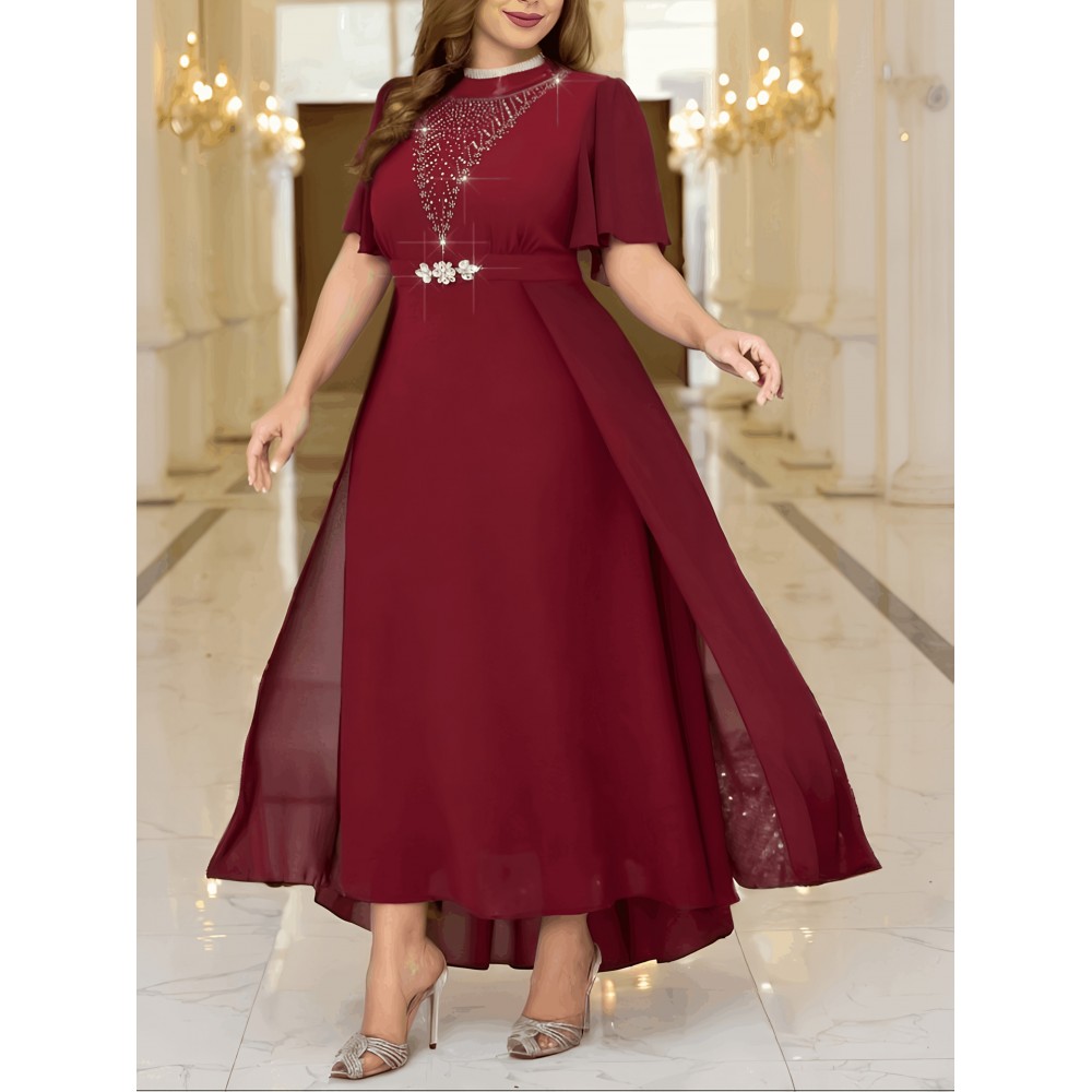 Plus Size - 2025 New Plus-Size Women'S Summer Dress with a Waist-Cinching Design That Flatters The Figure, Elegantly Concealing The Belly, Featuring a Stylish Faux Two-Piece A-Line Silhouette.