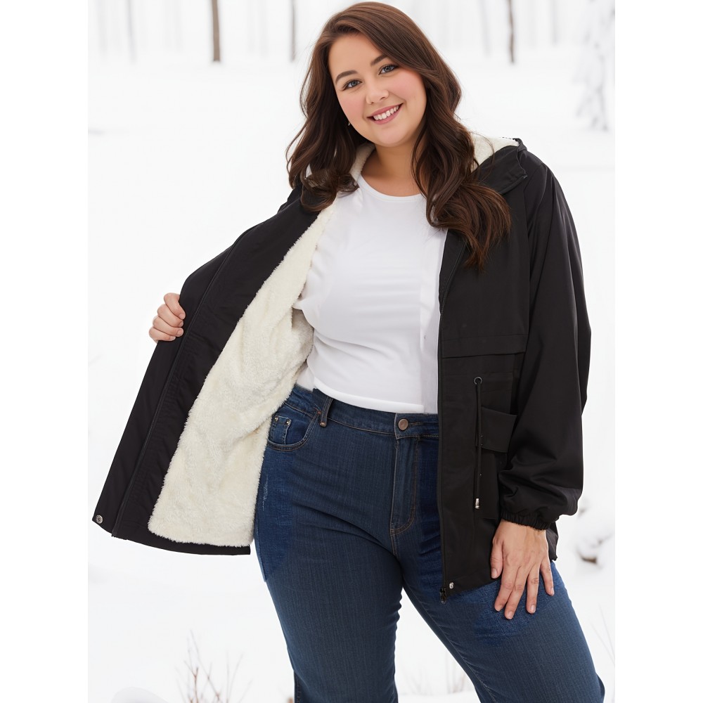 Women'S Plus Size Winter Coat, Long Sleeve, Solid Color, Polyester, Hooded, Casual Style, Open Front, Woven, A-Line Hem, No Belt, Regular Fit, Non-Waterproof