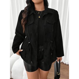 Plus Size, French Elegant Drawstring Waist Women's Plus Size Jacket with Turn- Collar Long Sleeve Pocket Casual Solid Color Blazer