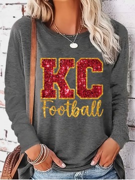 KC Football Long Sleeve Crew Neck T-Shirt - Casual, Alphabet Pattern, Regular Fit, Polyester Knit Fabric, All Seasons, No Belt, Long Sleeve, Regular Sleeve, No Chest Pad, Pullovers, Fabric Weight 180 g/m²