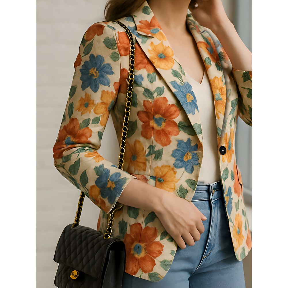 [Floral Print Blazer for Women] Elegant Floral Print Blazer for Women - Vibrant Orange, Yellow & Blue Flowers, Single-Breasted Notch Lapel Jacket, Long Sleeve Regular Fit, All-Season Versatile Office & Casual Wear, Chic Workwear, Sophisticated Tailoring